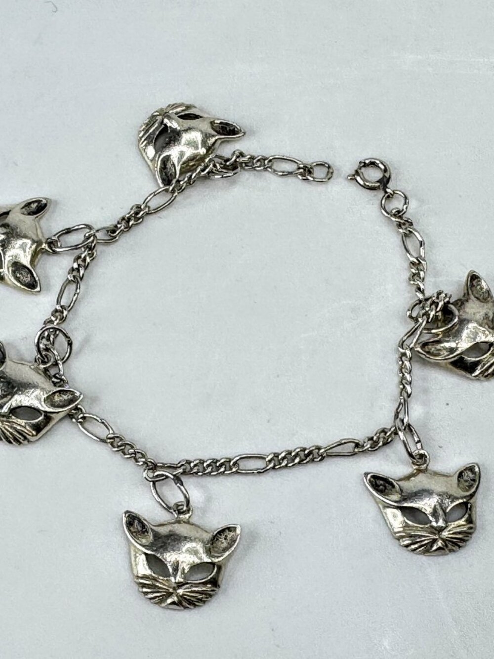 Vintage Sterling Silver Cat Head Charm Bracelet 7" Figural Feline 11.2g JR2081